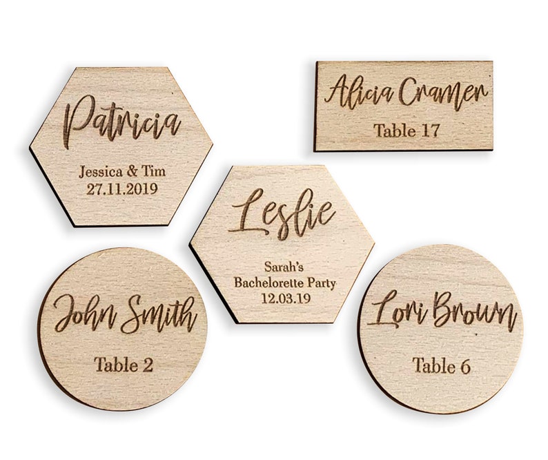 Personalized Engraved Wood Place Cards Geometric Place Name Etsy