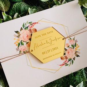 Save the Date & Wedding Invitation, Personalized Names Mirror Acrylic, Wood Hexagon Shapes Custom Invites Reception, Invitation to Follow