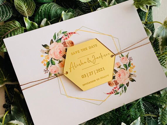 Save the Date & Wedding Invitation, Personalized Names Mirror Acrylic, Wood Hexagon Shapes Custom Invites Reception, Invitation to Follow
