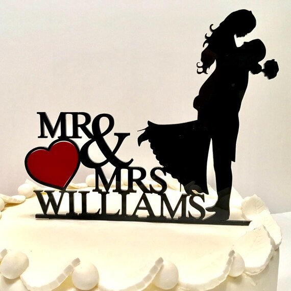 Personalized Wedding Cake Topper Bride and Groom Silhouette Mr and Mrs Red Heart Acrylic Cake Topper with Last Name Custom Cake Decorations