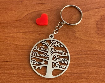 Personalized Tree of Life Name Keychain Custom Keyring Laser Cut Family Names Key Chain Stainless Steel Fathers Day Gift Mom Grandma Grandpa