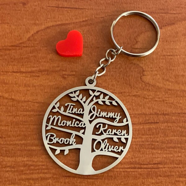 Personalized Tree of Life Name Keychain Custom Keyring Laser Cut Family Names Key Chain Stainless Steel Fathers Day Gift Mom Grandma Grandpa