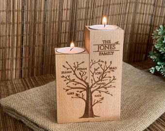 Porte-bougie chauffe-plat en bois arbre généalogique personnalisé noms personnalisés décorations pour la maison gravées au laser cadeau de Noël pour les parents, les membres de la famille