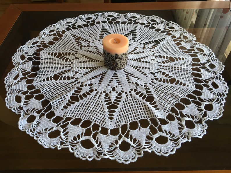 Vintage handmade crocheted round tablecloth or topper white crocheted tablecloth with peacock