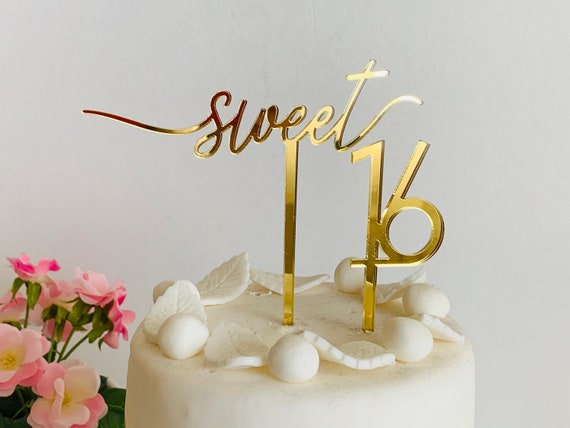 Sweet 16 Cake Topper Sweet Sixteen Party Decorations Custom Age Cupcake Topper Gold Glitter Calligraphy Happy 16th Birthday Number Topper