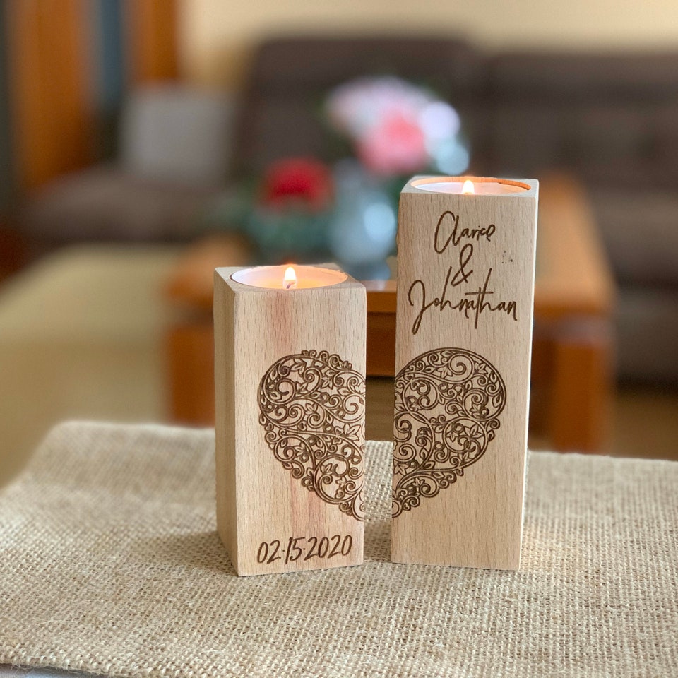 Discover Personalized Wooden Candle Holder Heart Love Tea light Candles Wedding Save Date