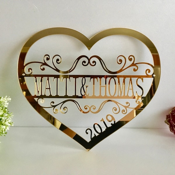 Personalized Valentine Wreath Door Hanger Couples Names Wedding Gift Established Year Laser Cut Heart Love Sign Wall Hanging Decor Monogram