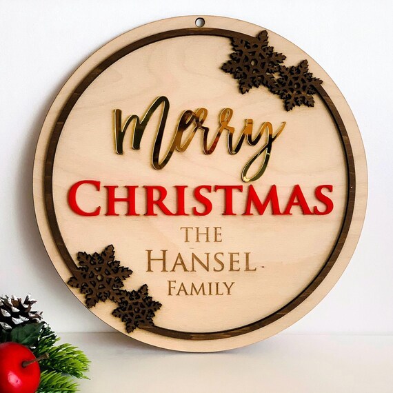 Personalized Merry Christmas Family Door Sign Custom Wood Front Door Hanger Last Name Home Decorations Handmade Wreath Porch Decor Snowflake