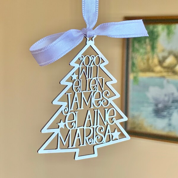 Personalized 2024 Christmas Tree Ornaments Custom Family Names Laser Cut Holiday Gift Happy New Year 2025 Xmas Silver Hanging Tag Kids Names