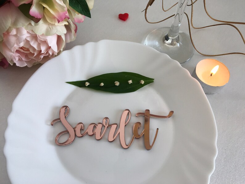 Rose gold mirror Laser cut guest names Place setting Personalized acrylic signs Table wedding plate name Escort place cards Calligraphy tags image 8