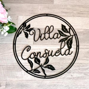 Plaque de villa personnalisée Plaque de nom de villa personnalisée Art mural en métal Plaque florale extérieure pour maison Plaque murale personnalisée Plaque de maison - Motif feuille de fleur
