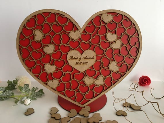 Personalized wedding wood guest book Heart Drop Alternative guest book Red rustic guestbook Engraved heart names and date wedding guestbook