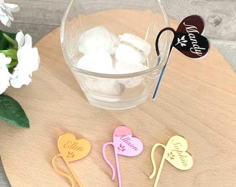 Custom Wine Glass Charms - Personalized Acrylic Heart Drink Tags, Wedding Cocktail Markers