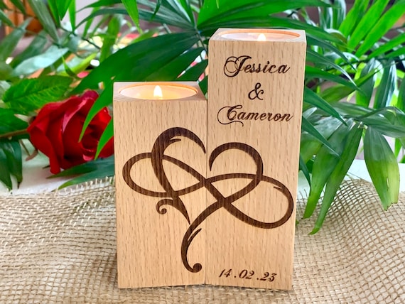 Personalized Heart and Infinity Wood Candle Holder Custom 2 Names Save the Date Wedding Anniversary Gift Wooden Table Centerpiece Home Decor