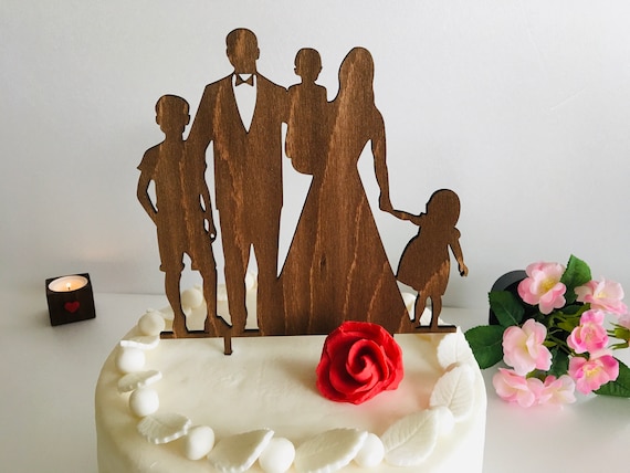 Wedding Cake Topper with Children, Mr and Mrs Cake Topper, Family Silhouettes, Custom Bride, Groom and Kids, Custom Order