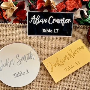 Tarjetas de lugar de acrílico con espejo personalizadas con nombres y mesas grabadas, tarjetas de nombre de mesa para bodas, tarjetas de nombre de mesa hexagonales, rectangulares y redondas