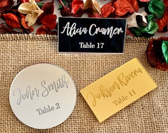 Cartes de place en acrylique miroir personnalisées avec noms et tables gravées Nom du lieu de mariage Cartes de nom de table Hexagone Rectangle Rond