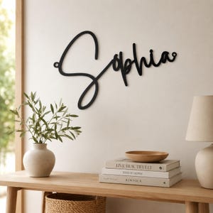 May include: A black metal wall sign featuring the name Sophia written in a continuous cursive script font. The sign has small circular mounting loops on the far left and right ends, allowing it to be securely attached to a flat wall surface.