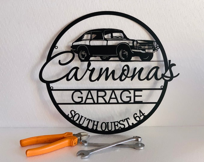 Personalized Metal Name Garage Sign Custom Location Address Wall Art Housewarming Name Plaque Man Cave Decor Dads Gift for Mechanic Workshop