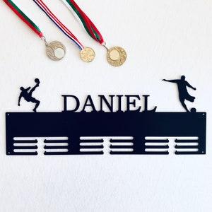 Personalized Soccer Medal Holder with 2 Players Custom Soccer Name Medal Hanger Metal Display Rack for Awards, Ribbon Holder, Gift for Men