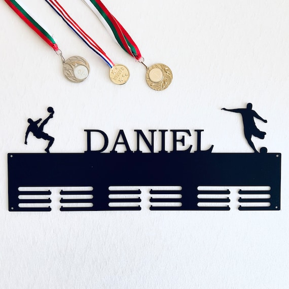 Personalized Soccer Medal Holder with 2 Players Custom Soccer Name Medal Hanger Metal Display Rack for Awards, Ribbon Holder, Gift for Men