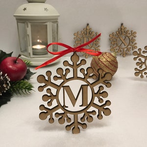 Personalized Wood Snowflake Letter Monogram Initials Xmas Ornaments Christmas Hanging Tree Decorations Laser Cut Custom Holiday Family Gifts