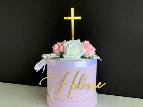Personalized Name Cake Charm & Acrylic Cross Cake Topper, Christening Cake Topper, Custom Name Plaque, First Holy Communion, Baptism Decor