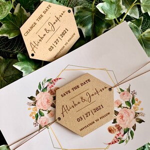 Save the Date & Wedding Wood Invitation Change The date Personalized Names Wooden Hexagon Shape Custom Invite Reception Invitation to Follow