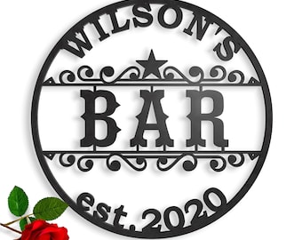 Metal Bar Sign Personalized Laser Cut Name Sign Custom Bar Sign Metal Wall Art Est Sign Door Hanger Indoor Outdoor Garden Housewarming Gift