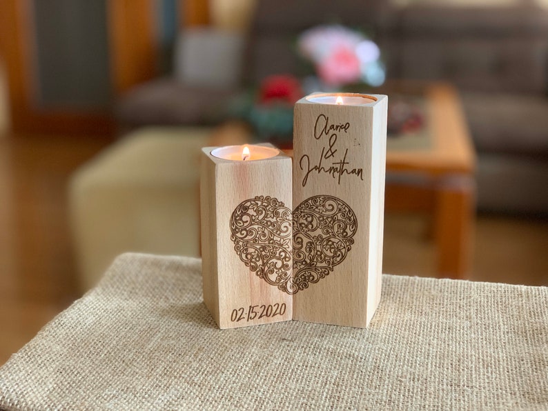 Personalized Wood Candle Holder Custom Names and Special Date Heart Shape Love Tealight Candle Holder Anniversary Gift for Couples image 9