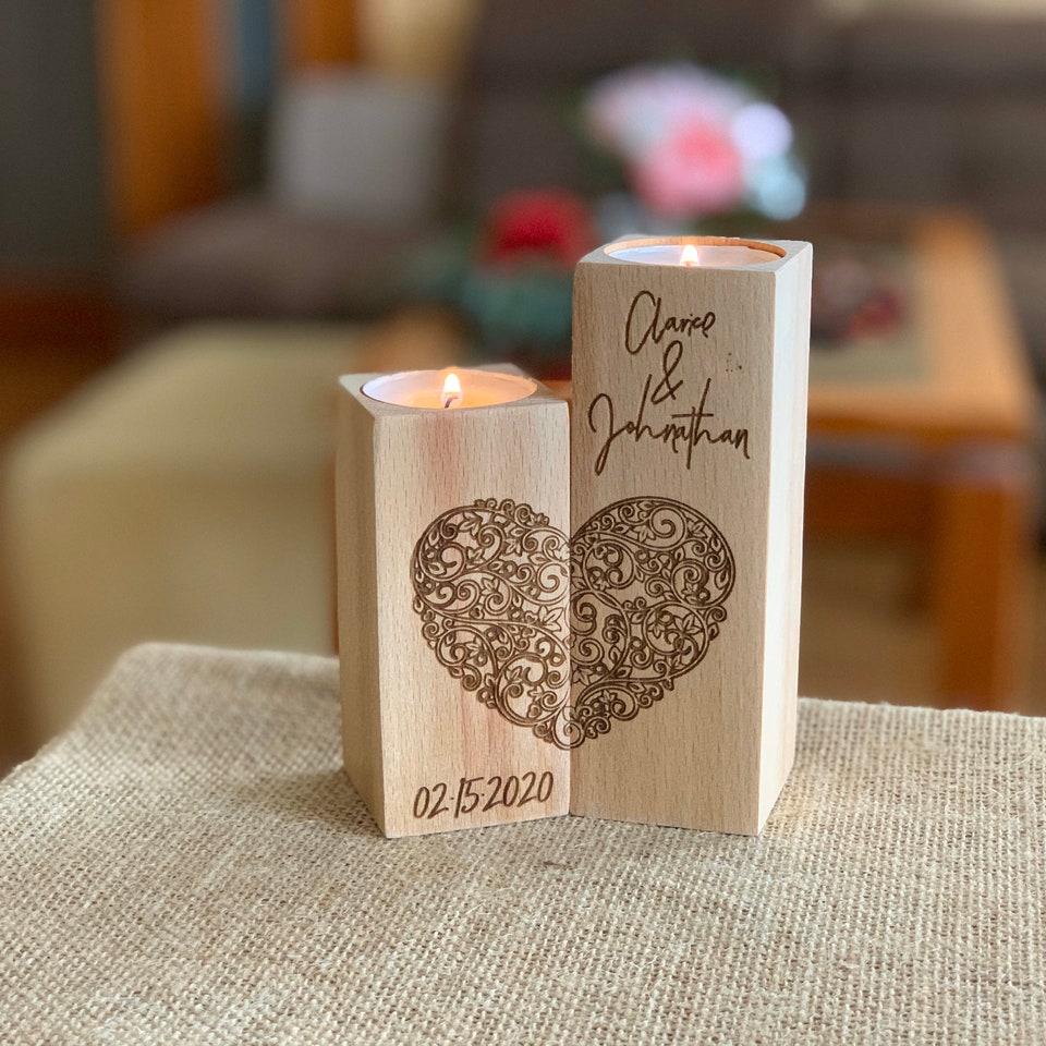 Discover Personalized Wooden Candle Holder Heart Love Tea light Candles Wedding Save Date