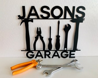 Placa de garagem de metal personalizada com nome personalizado - Decoração de oficina ou caverna do homem