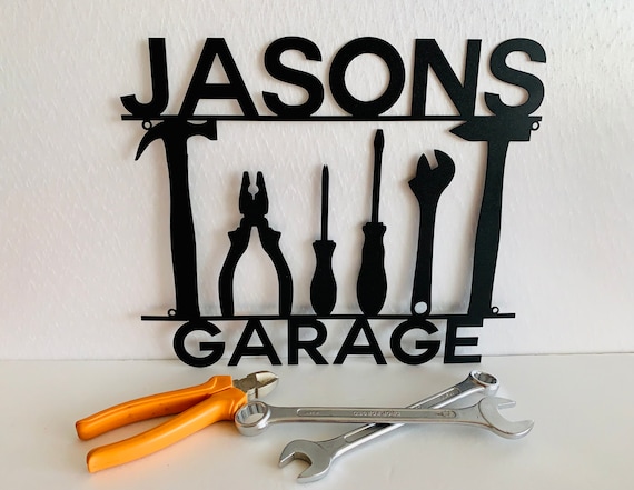 Personalized 14" Metal Garage Sign Custom Name Sign Garage Location Metal Wall Art Housewarming Plaque Decor Man Cave Dads Gift for Mechanic
