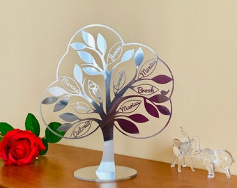 Personalized Family Tree Art 3D Freestanding Tree of Life and Bird Custom Sign Laser Cut Names Mothers Day Wedding Gift Silver Anniversary