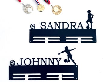Kids Soccer Medal Holder with Name, Personalized Football Medal Display Rack, Boys, Girls Gift