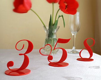 Numbers for weddings Wedding table centerpieces Laser cut acrylic Number holders with Base Red Wedding table decor Freestanding Reception