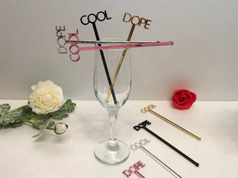 Personalised drink stirrers Hen party Bar accessories Wedding acrylic stir sticks Engagement Cocktail swizzle sticks Table sign Cool Dope 