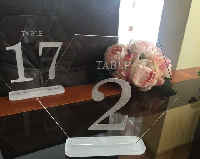 Table numbers for wedding Event numbers Bridal Table Modern Elegant Clear Engraved Acrylic Table Numbers Hexagon Number Stands Wedding signs