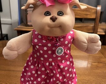 1980s Cabbage Patch Kid Koosas Pinky Peach Puppy Dog Koosa Pink Polkadot Dress