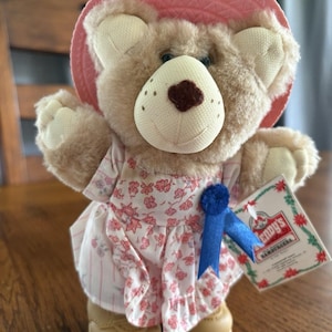 Vintage Wendy’s Hattie Furskin Doll Bear Pink Floral Dress Hat Cabbage Patch Kid