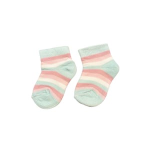 Puede incluir: Un par de calcetines de bebé con un diseño de rayas pastel. Los calcetines presentan rayas horizontales en azul claro, rosa y blanco. Los calcetines están hechos de un material suave y están diseñados para la comodidad.