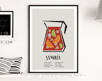 Sangría Recipe poster Spanish Sangría print Art print Sangría glass poster kitchen wall decor Drinks Artwork Gift  bar decor print (171)