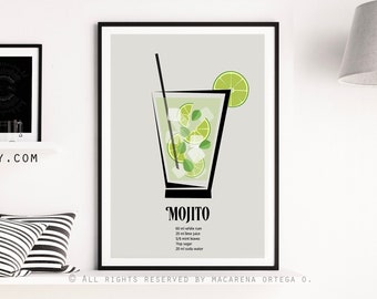 Mojito drink poster Cocktail Mojito Art print Cocktails bar prints decor poster kitchen wall mid century Drinks bar print (207)
