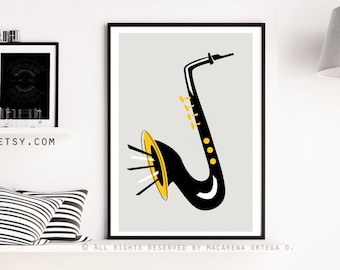 saxophone print retro saxophone poster saxophone  jazz poster saxophone blues mid century style saxophone art print (159)