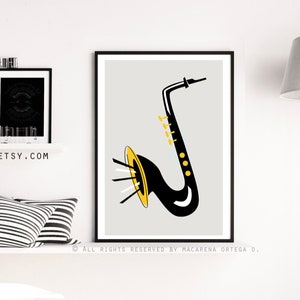 saxophone print retro saxophone poster saxophone  jazz poster saxophone blues mid century style saxophone art print (159)