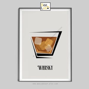 Lámina artística de whisky / Póster de cóctel de whisky clásico, decoración de bar y cocina de mediados de siglo, póster de bebidas, regalo para amantes del whisky / N206