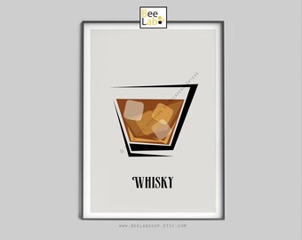 Stampa artistica di whisky / Poster classico di cocktail di whisky, arredamento per bar e cucina in stile metà secolo, poster di bevande, regalo per gli amanti del whisky / N206