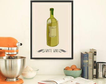 White Wine Bottle Art Print Drinks Poster kitchen wall decor gift wall decor design retro poster (123)