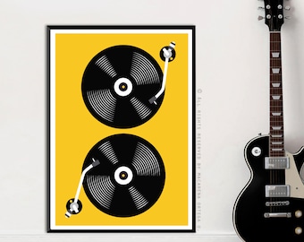 May include: A minimalist illustration of two black vinyl records on a yellow background. The records are on a turntable with a white tonearm.