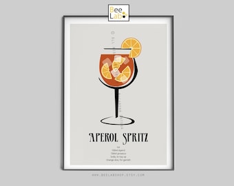 Aperol Spritz Cocktail Art Print | Wydruk koktajlowy, plakat z przepisem na koktajl, dekoracja ścienna do baru i kuchni, sztuka na napoje, nowoczesny prezent na aperitif | N174